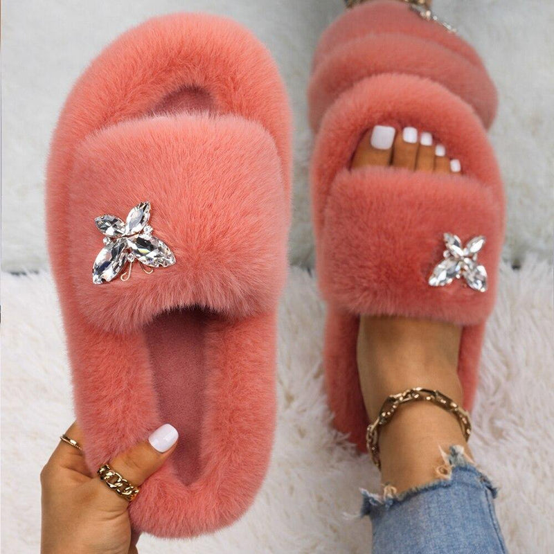 Women's Furry Slides W/ Butterfly Detail - AM APPAREL