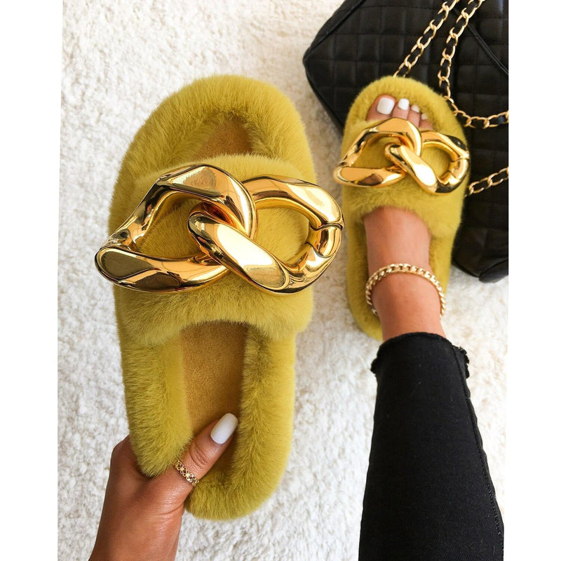 Women's Furry Slides W/ Gold Chain Detail - AM APPAREL