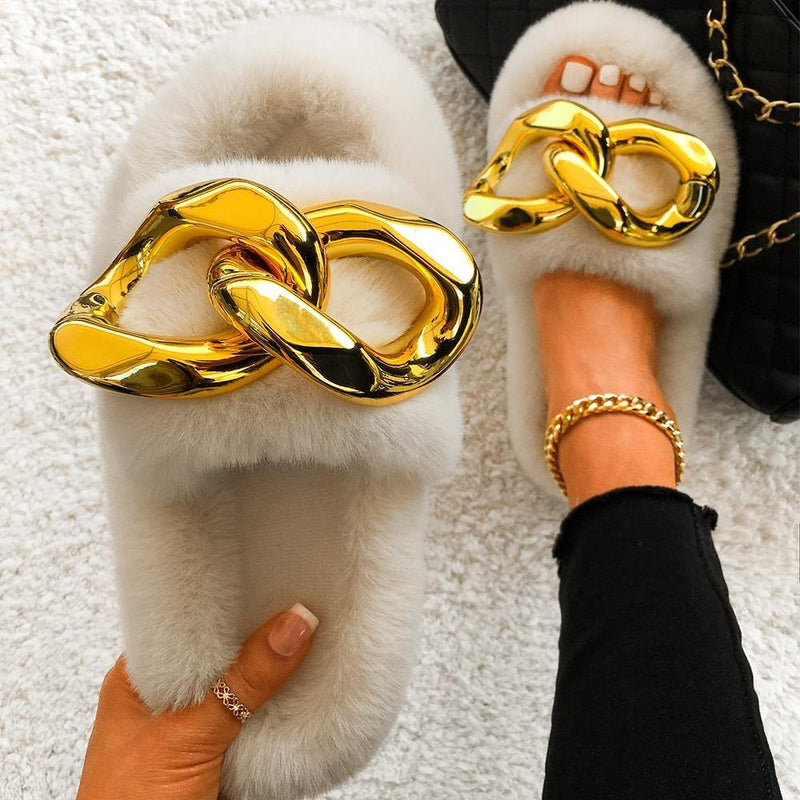 Women's Furry Slides W/ Gold Chain Detail - AM APPAREL