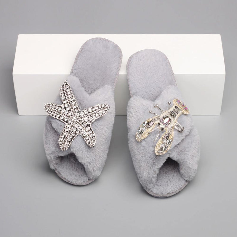 Women's Furry Slippers W/ Starfish Lobster Detail - AM APPAREL