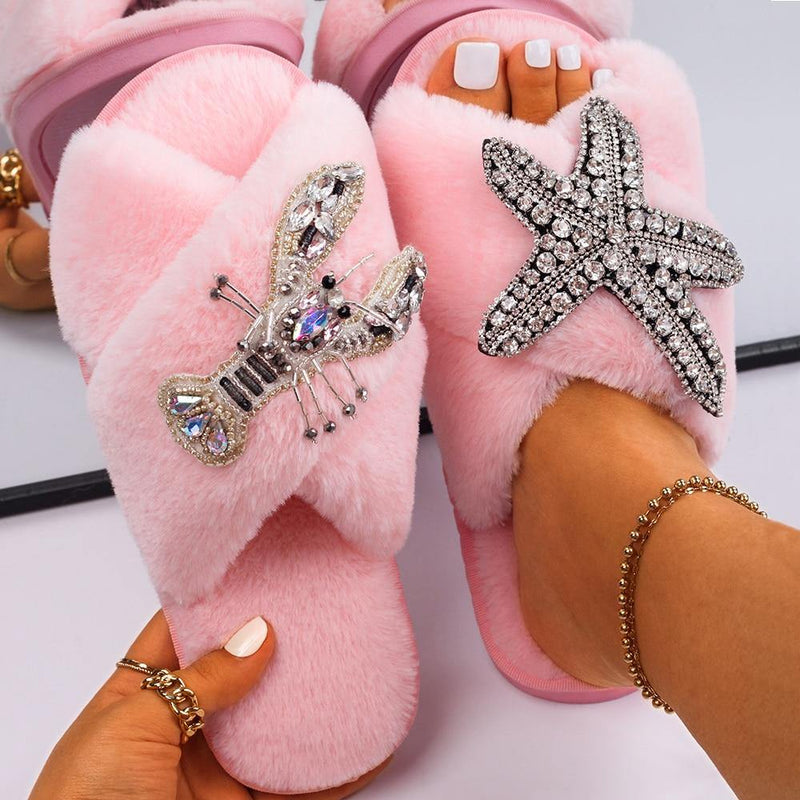 Women's Furry Slippers W/ Starfish Lobster Detail - AM APPAREL