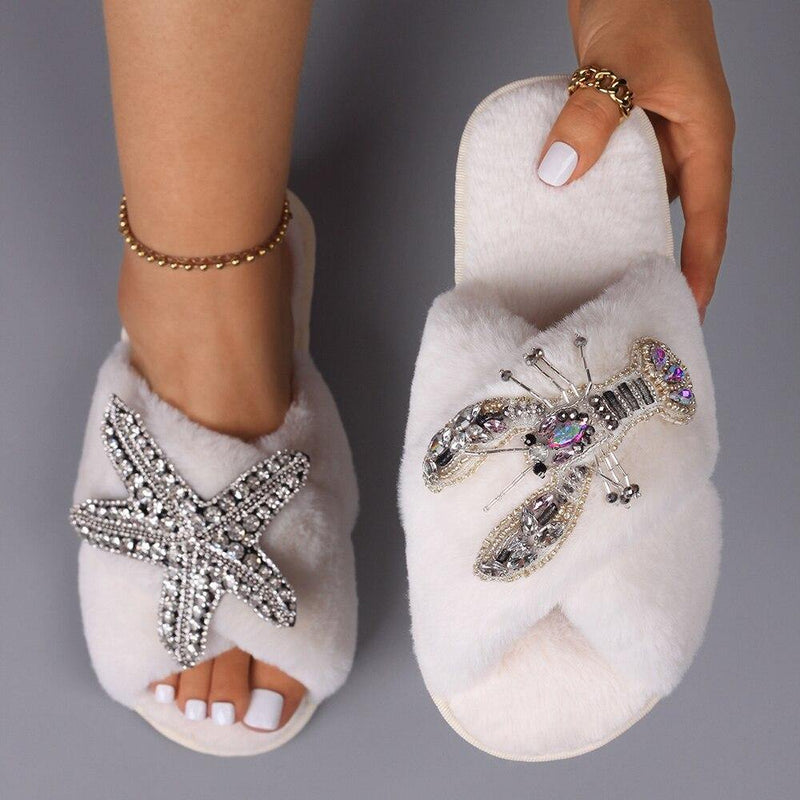 Women's Furry Slippers W/ Starfish Lobster Detail - AM APPAREL