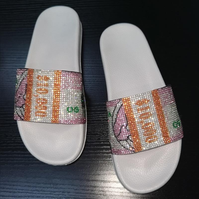 Women's Non-Slip Rhinestone Dollar Slippers - AM APPAREL