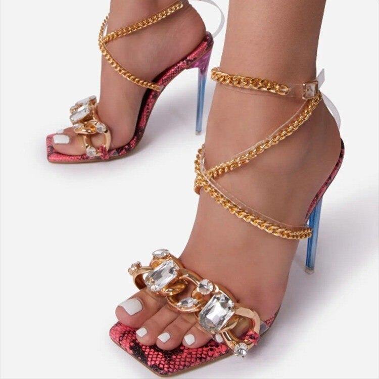 Women's Open Toe Party High Heels W/ Chain Details - AM APPAREL