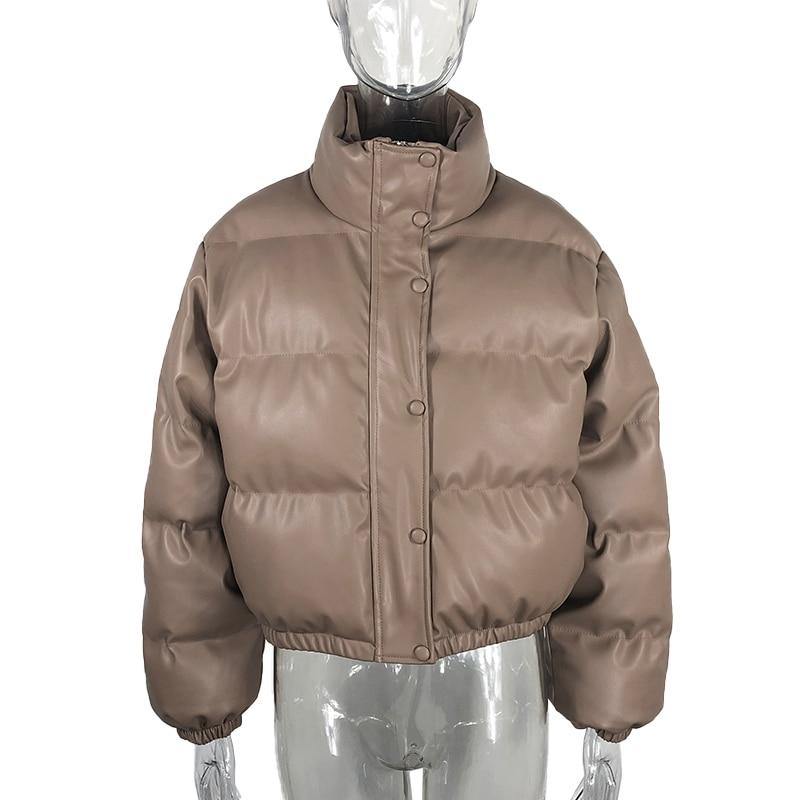 Women's Stand Collar PU Leather Parkas Jacket - AM APPAREL